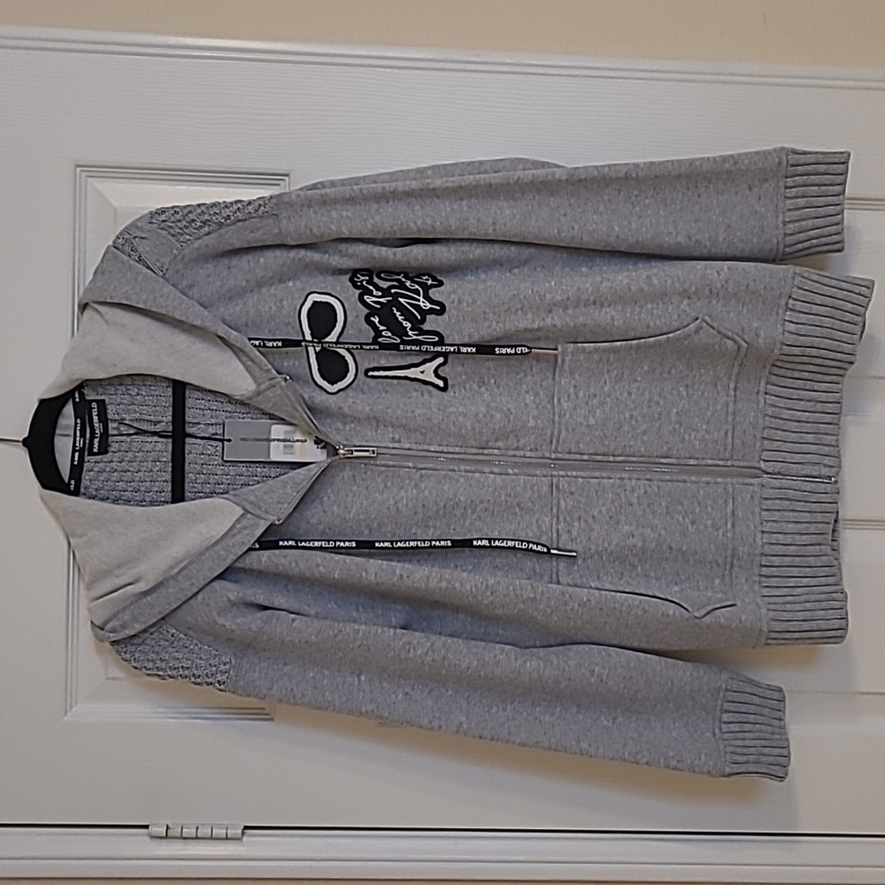 NWT Karl Lagerfeld Gray Hooded Sweater Jacket with Patches Size M